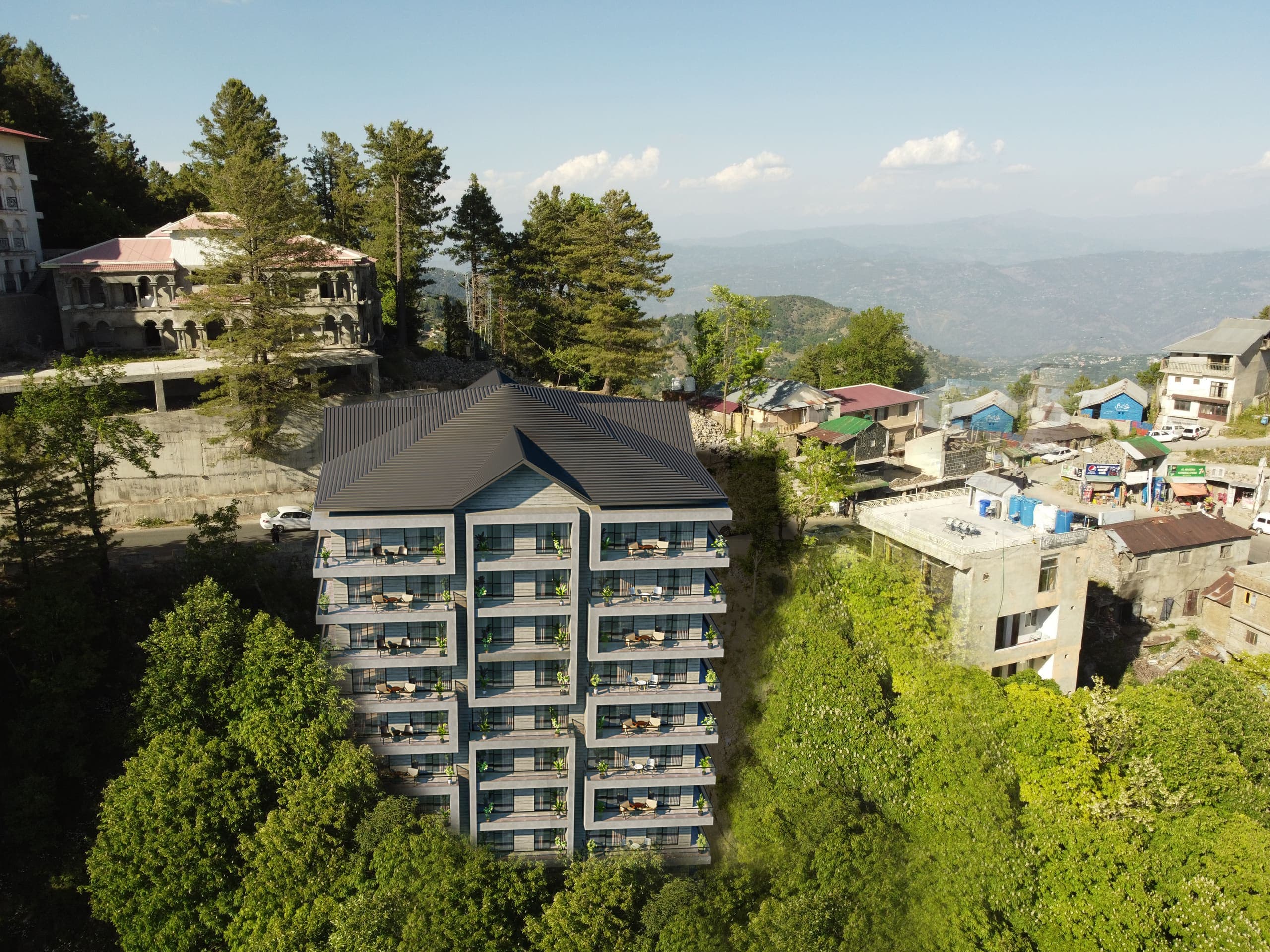 Skyline Terrace from above, its balconies facing the forest and the valley beyond