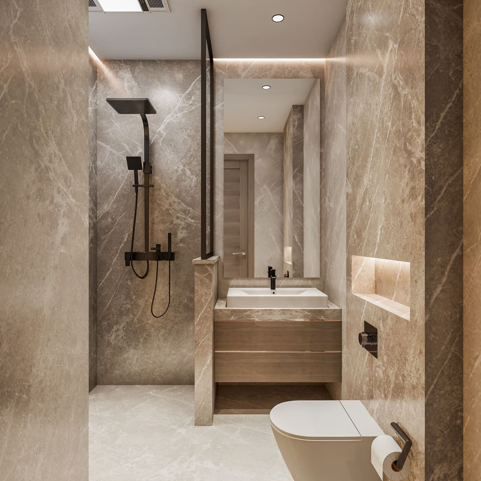 Bathroom in bronze-toned stone with a niche shelf and wall-hung basin