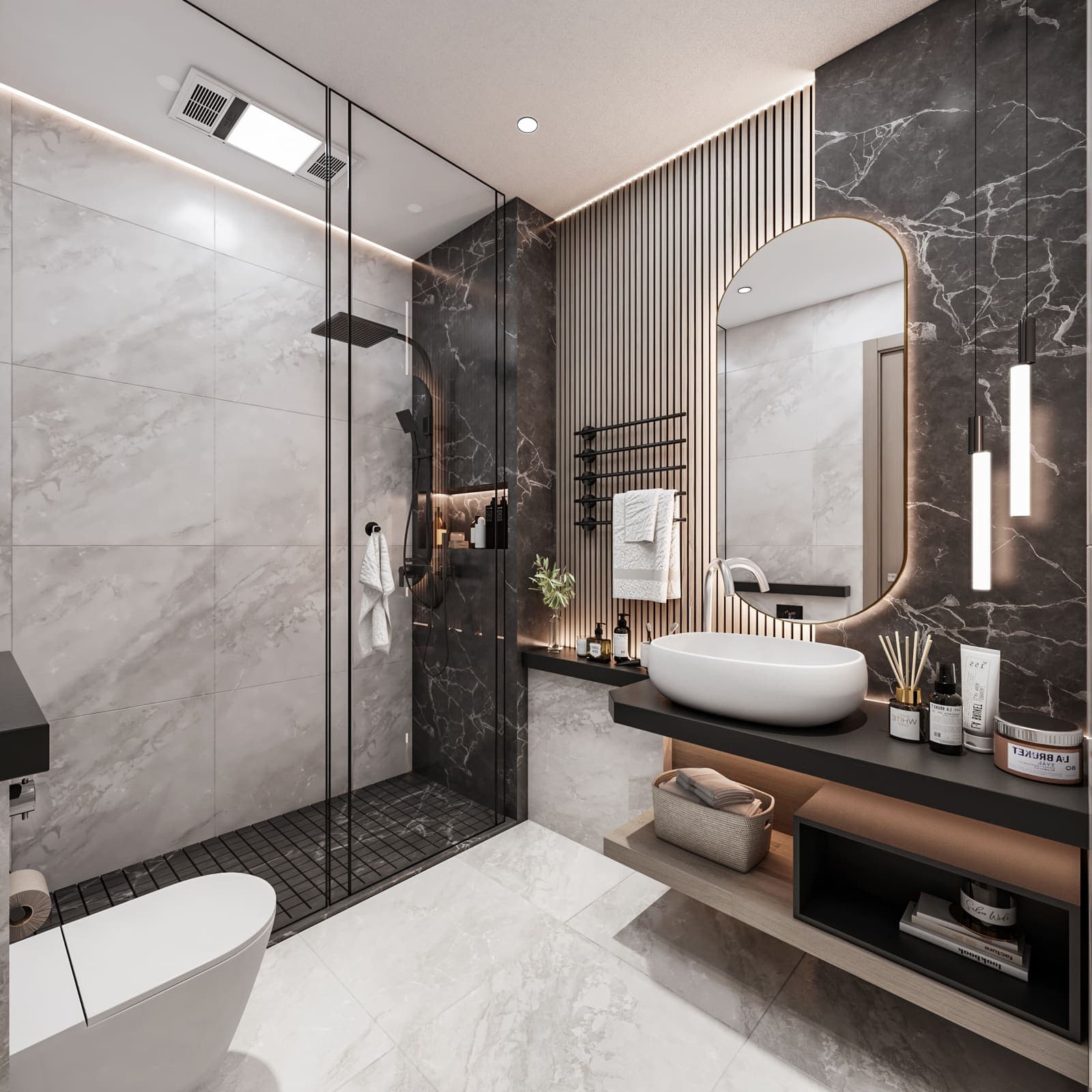Bathroom in grey marble with a walk-in shower and a floating vanity