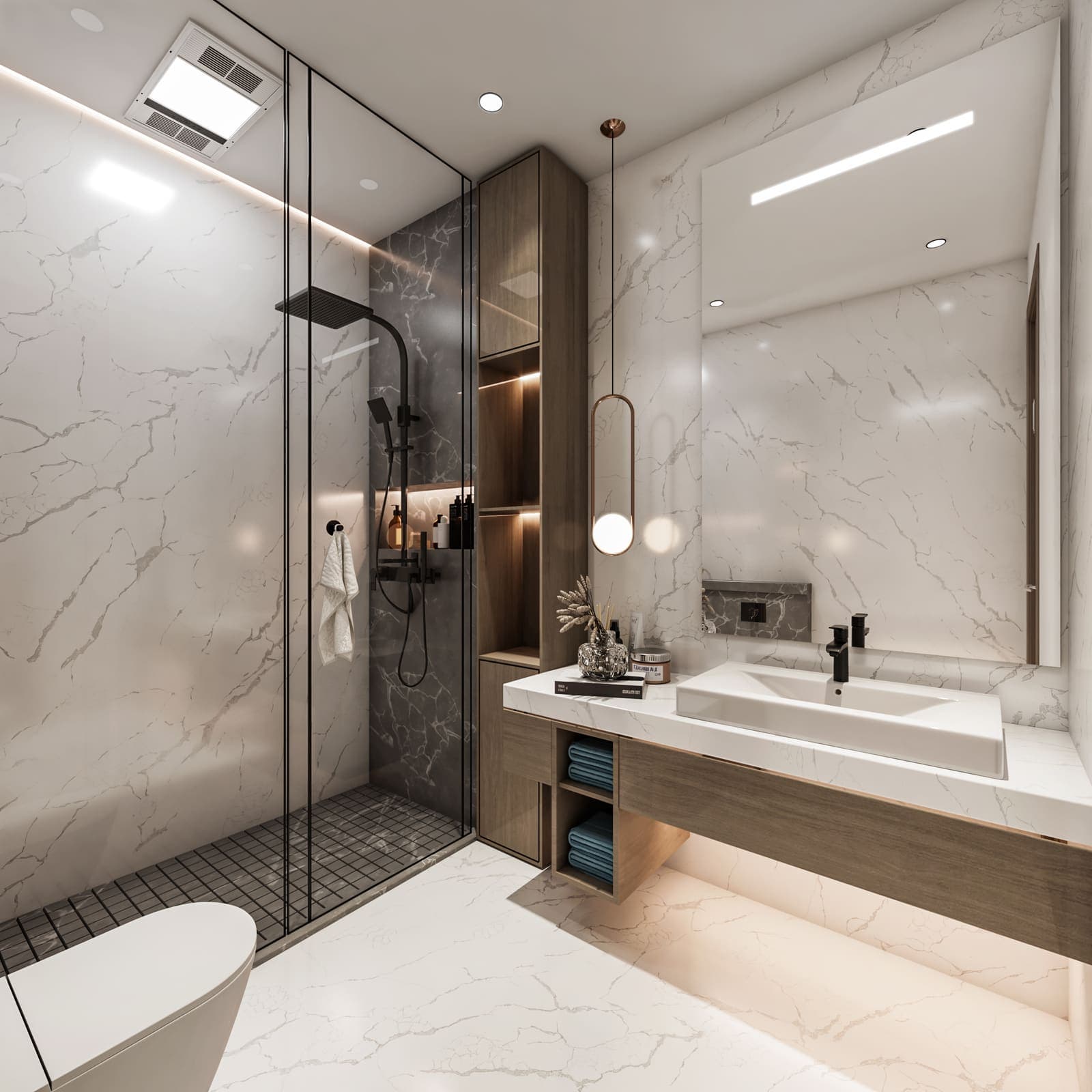 Bathroom with a glass shower, rain shower head and backlit mirror