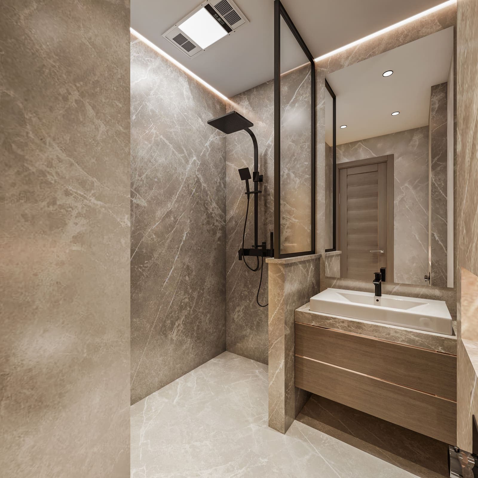Bathroom finished in warm stone with a glass-screened shower