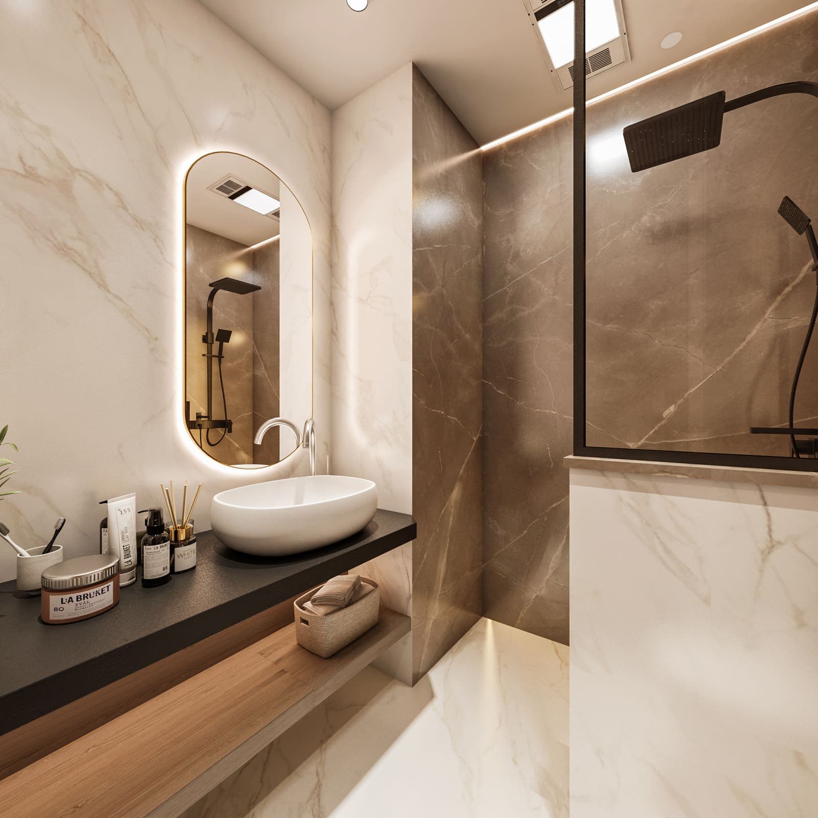 Vanity with a vessel basin and an illuminated oval mirror