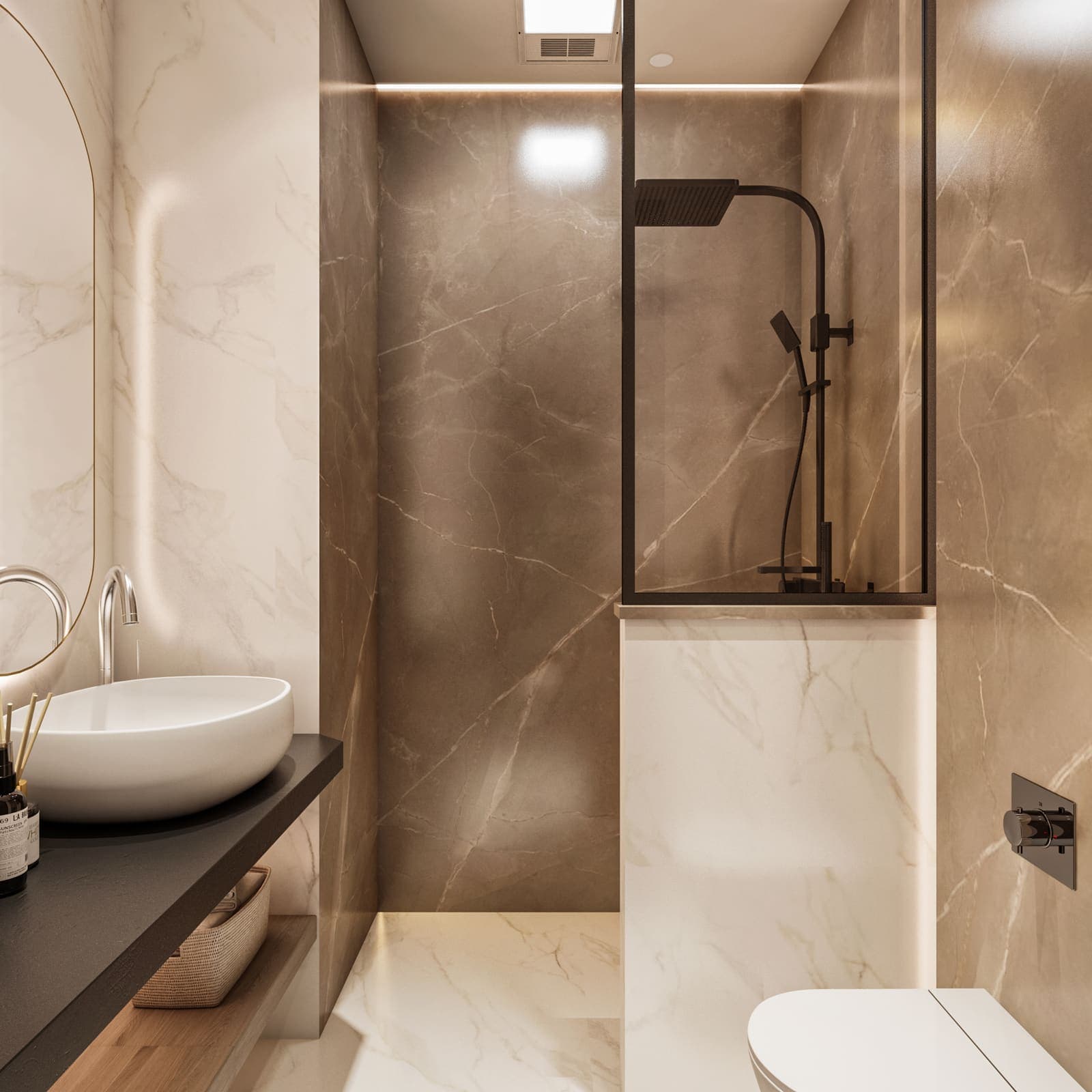 Walk-in shower behind glass, with a vessel basin on a stone counter