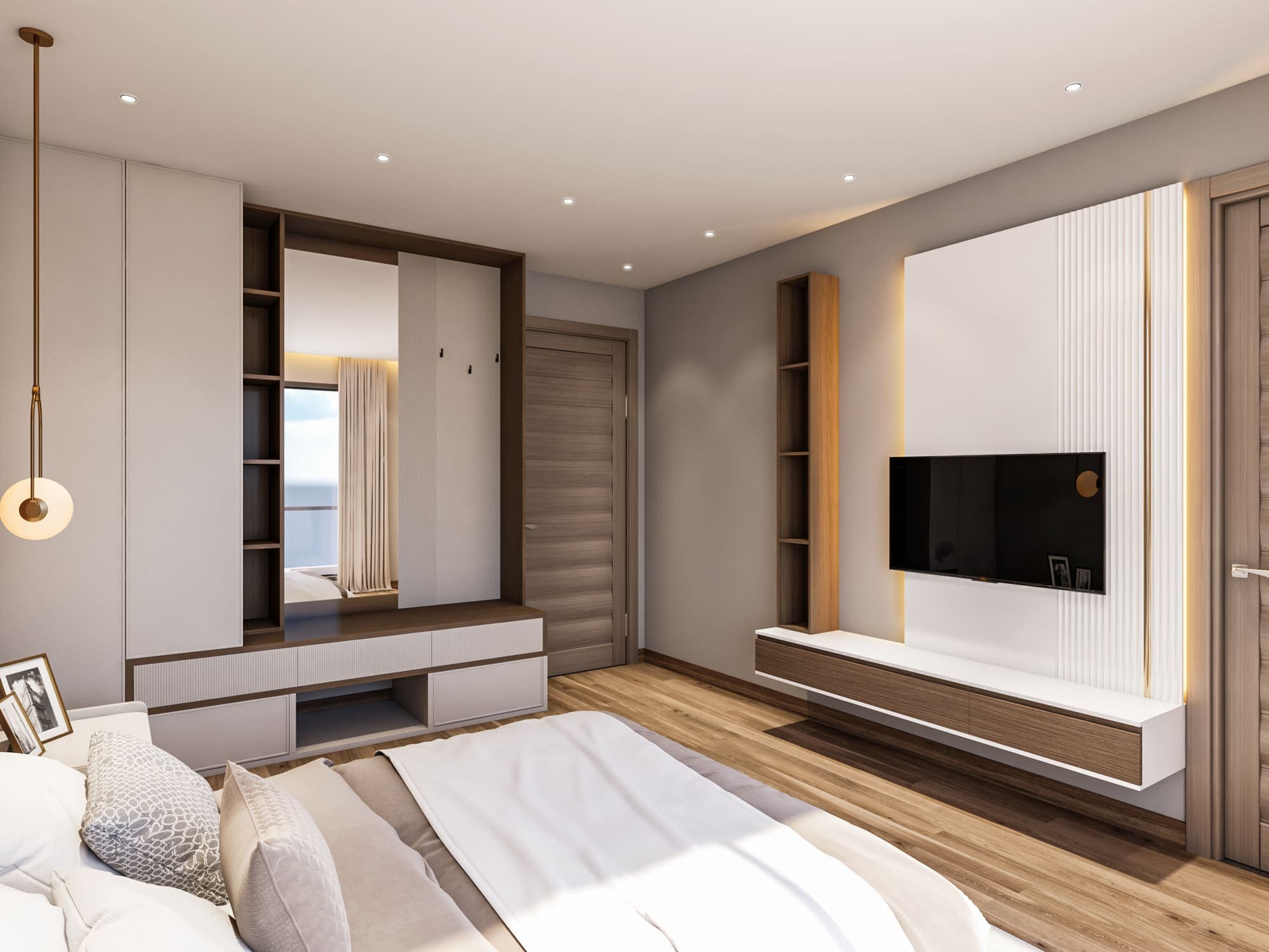 Bedroom with a built-in dresser and a mirrored wardrobe
