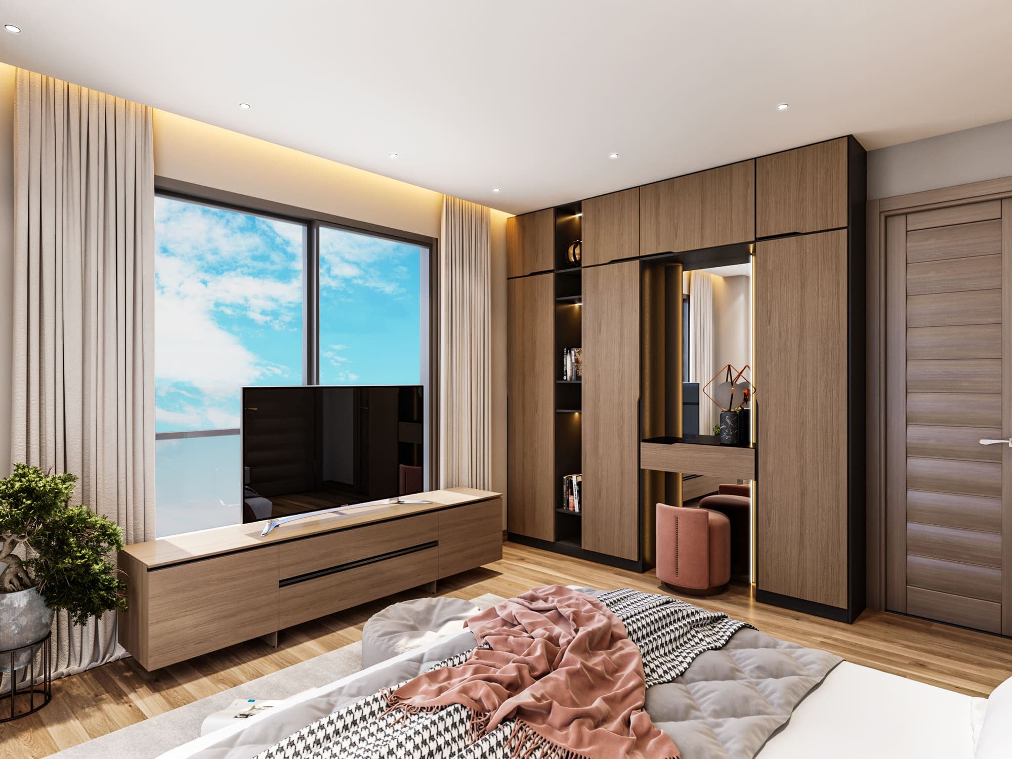Bedroom suite with a lounge corner, walk-in wardrobe and dressing table