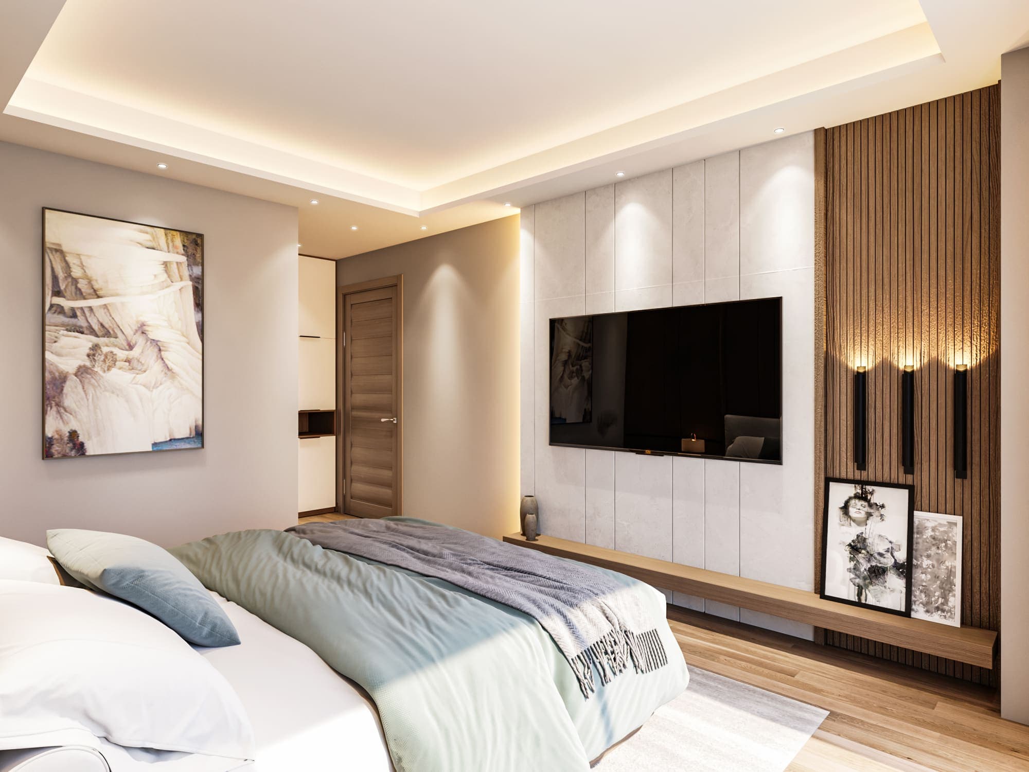 Bedroom with a media wall and a large bed dressed in soft greens