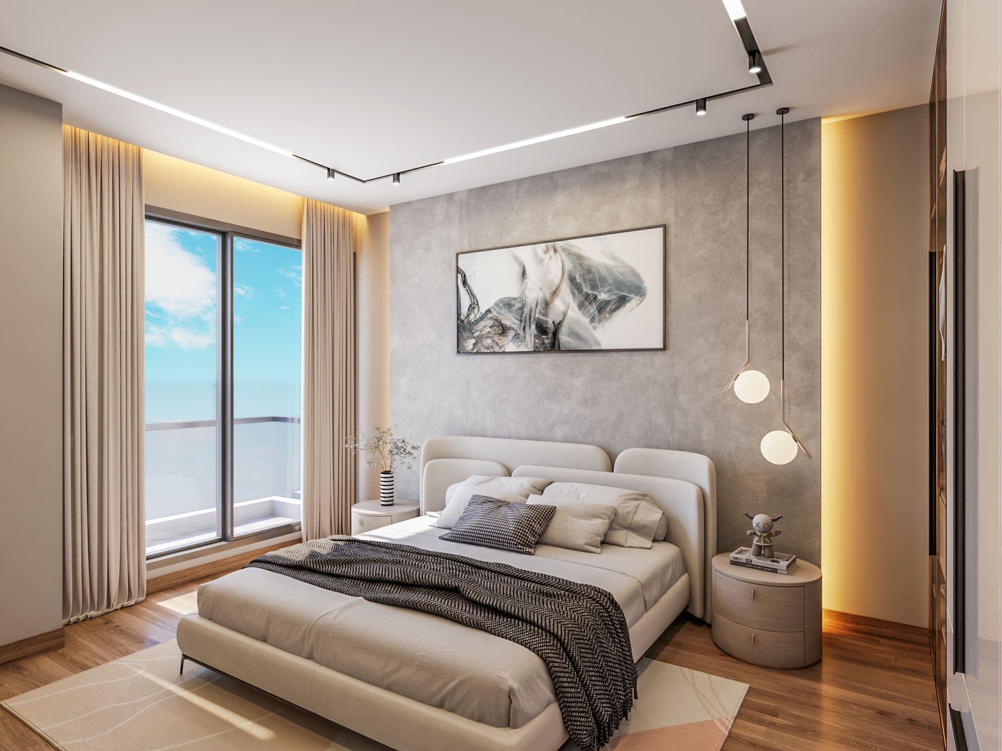 Bedroom in soft grey with a textured headboard wall and warm lighting