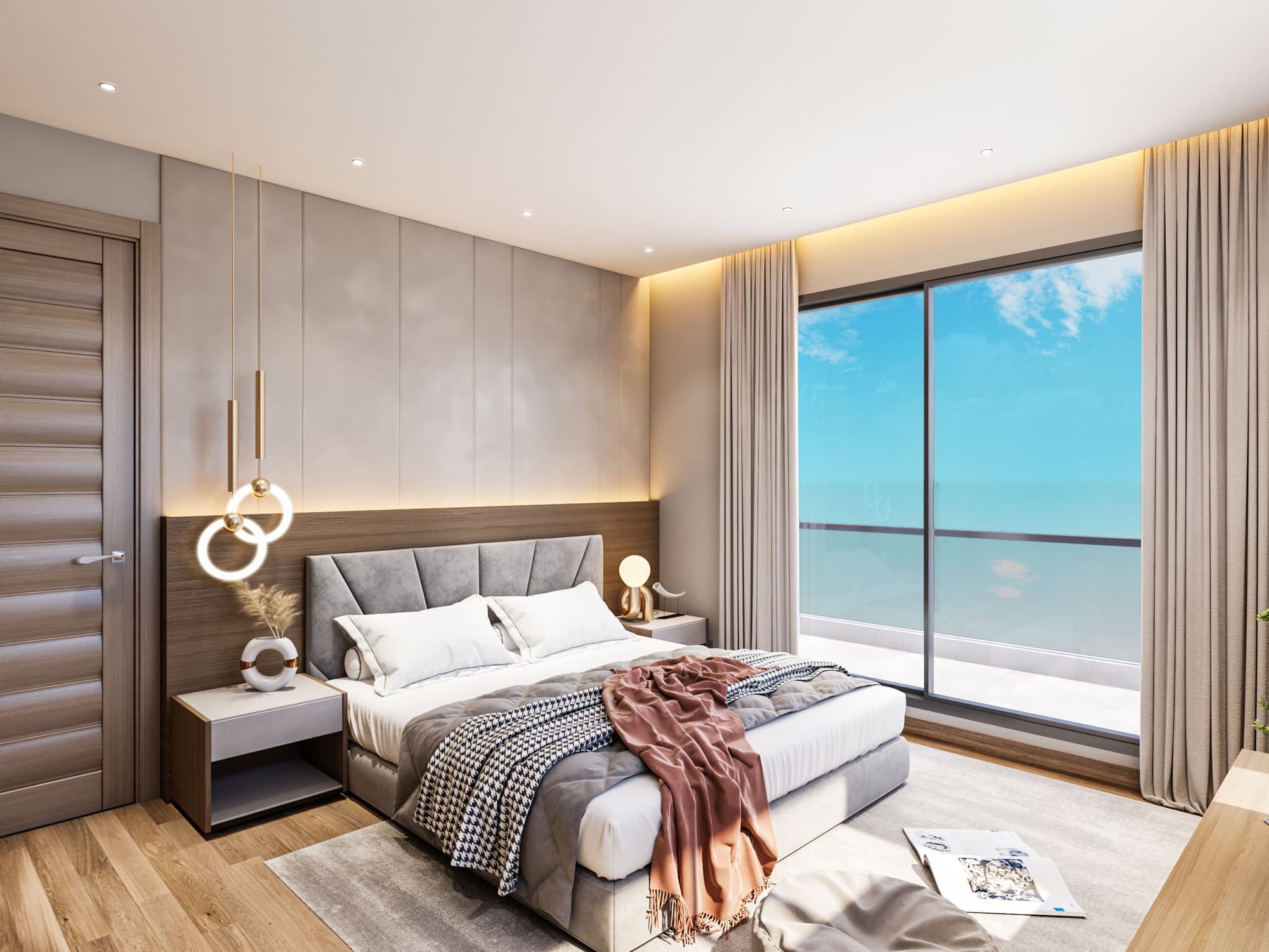 Bedroom with an upholstered headboard and a view through floor-to-ceiling glass