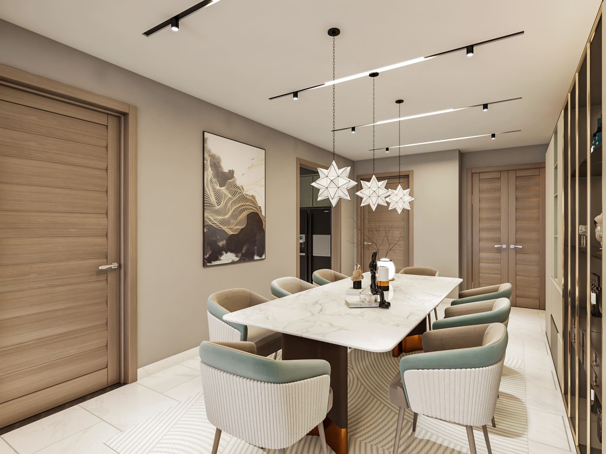 Dining area beside the entrance hall, under sculptural pendant lights
