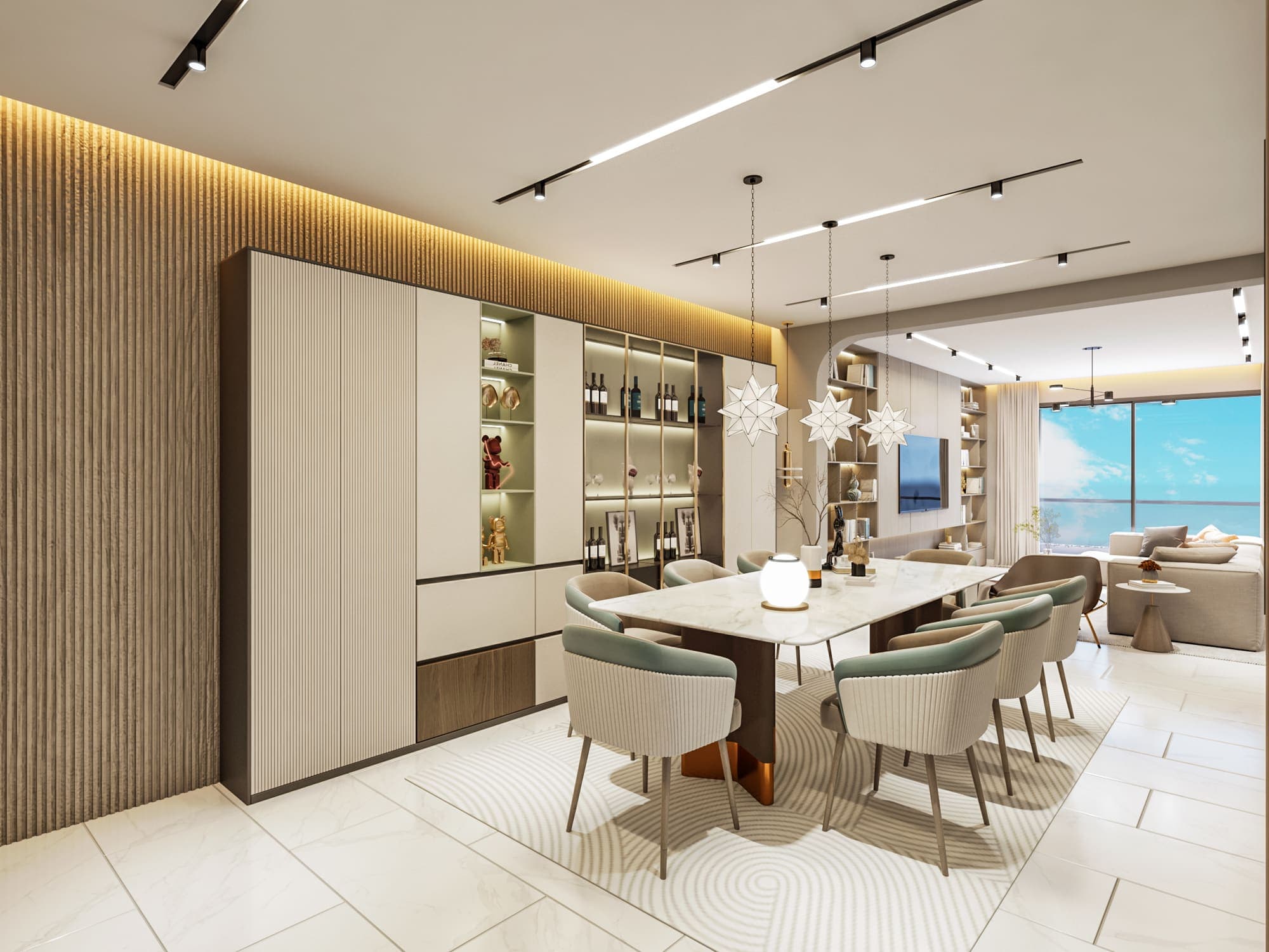 Dining room with a marble table, pendant lights and a wine display