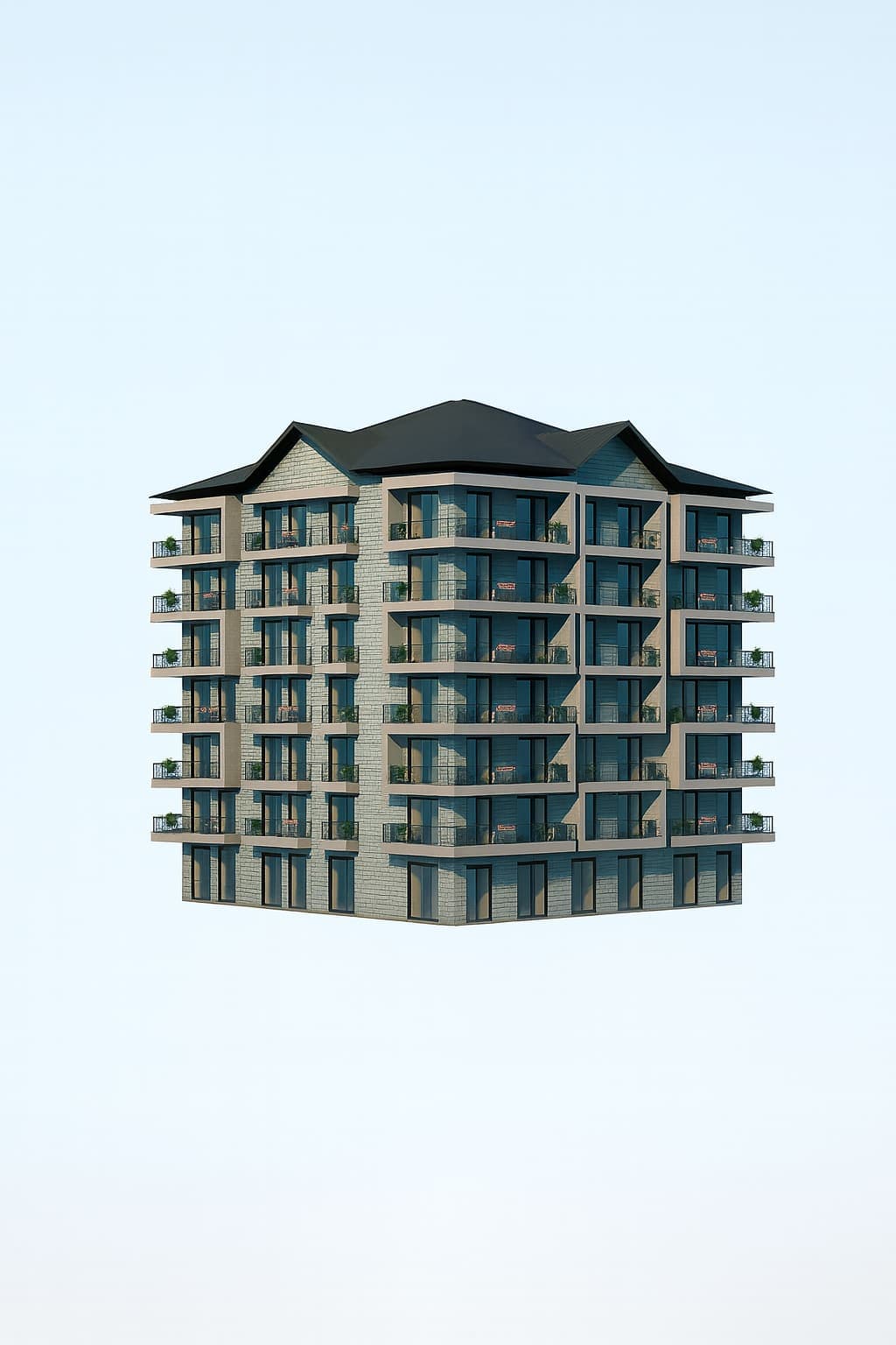 Front elevation of Skyline Terrace showing its pitched roof and balconies