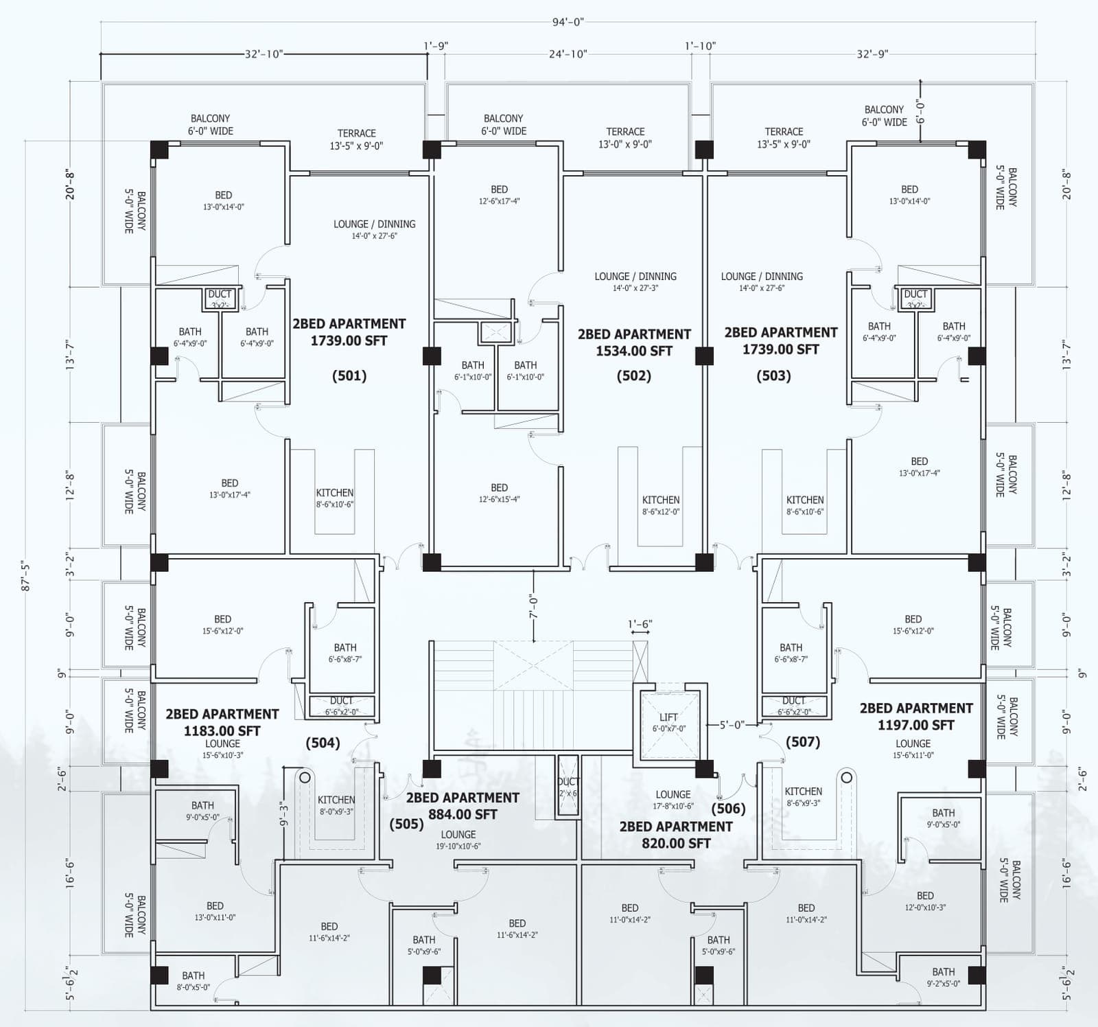 Floor plan of the 5th floor, with each apartment's number and area
