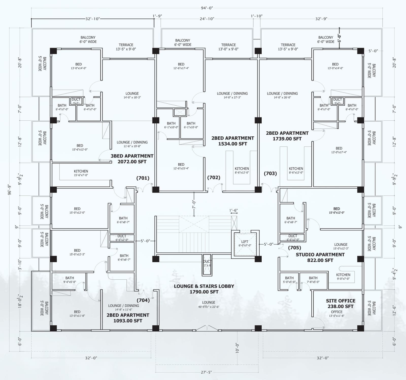 Floor plan of the 7th floor, with each apartment's number and area