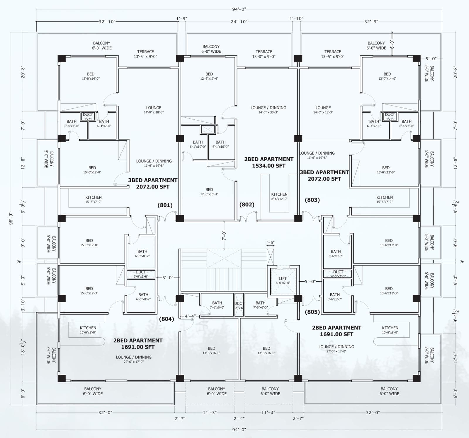 Floor plan of the 8th floor, with each apartment's number and area