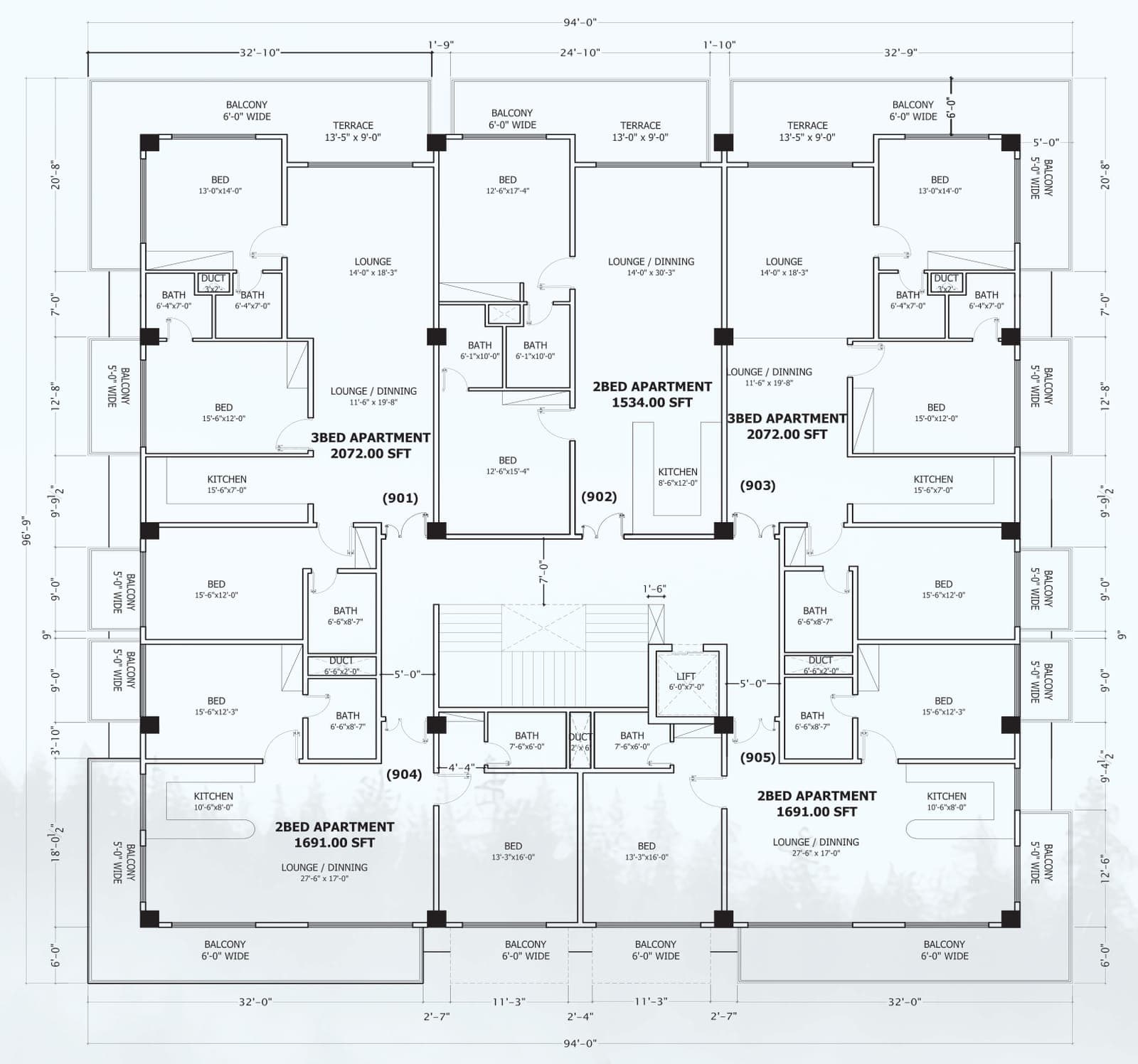 Floor plan of the 9th floor, with each apartment's number and area
