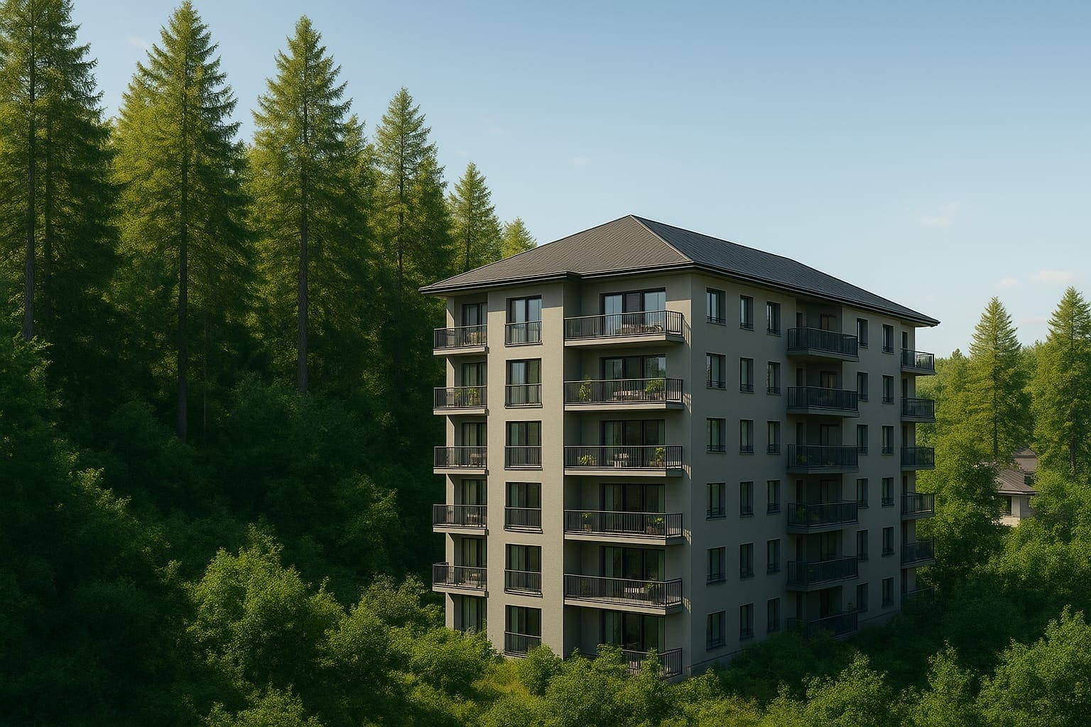 Skyline Terrace framed by tall pines in soft morning light