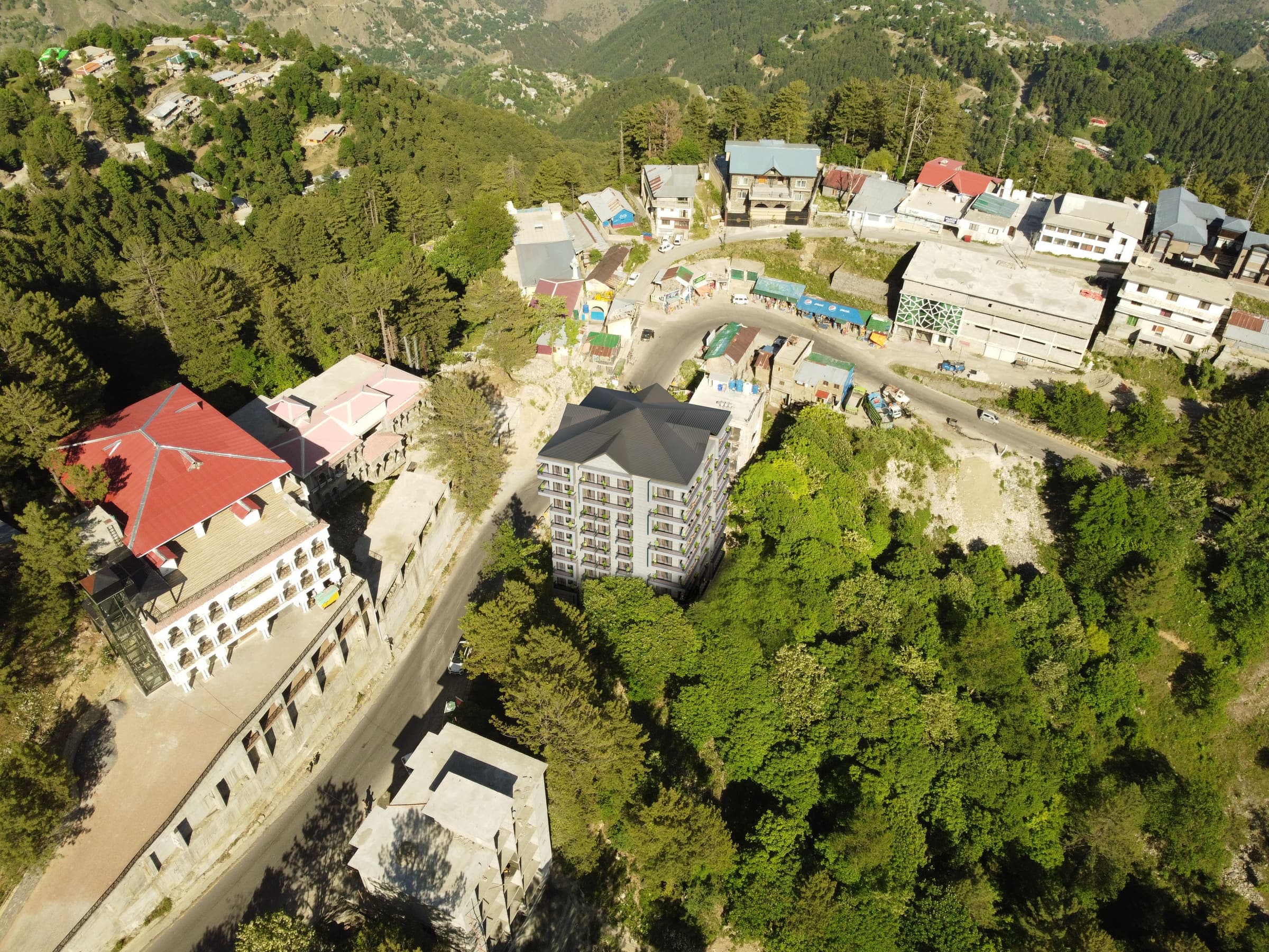 Khaira Gali from the air, with Skyline Terrace among the trees below the town