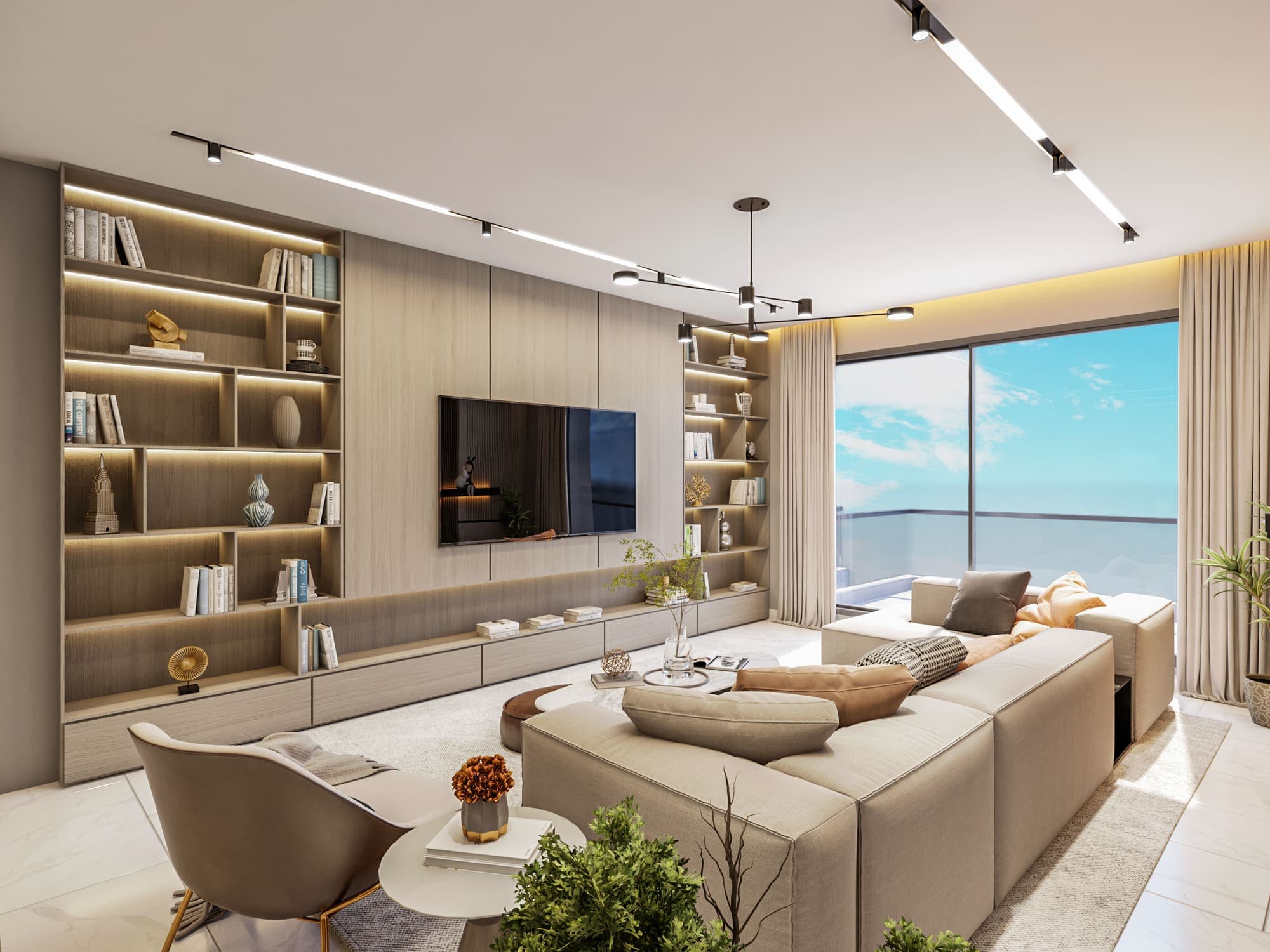 Living room with a lit shelving wall, soft sofas and a full-height window
