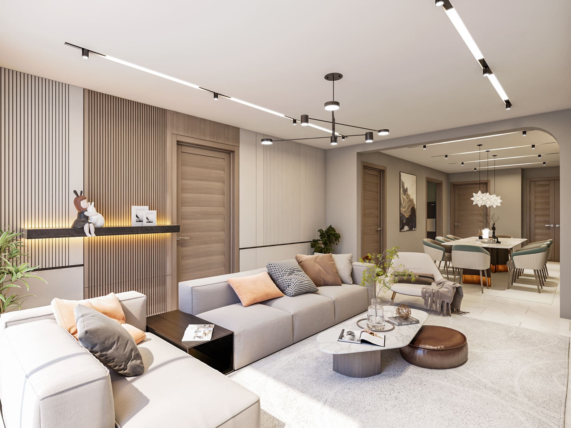 Open lounge flowing into the dining area, finished in warm neutrals