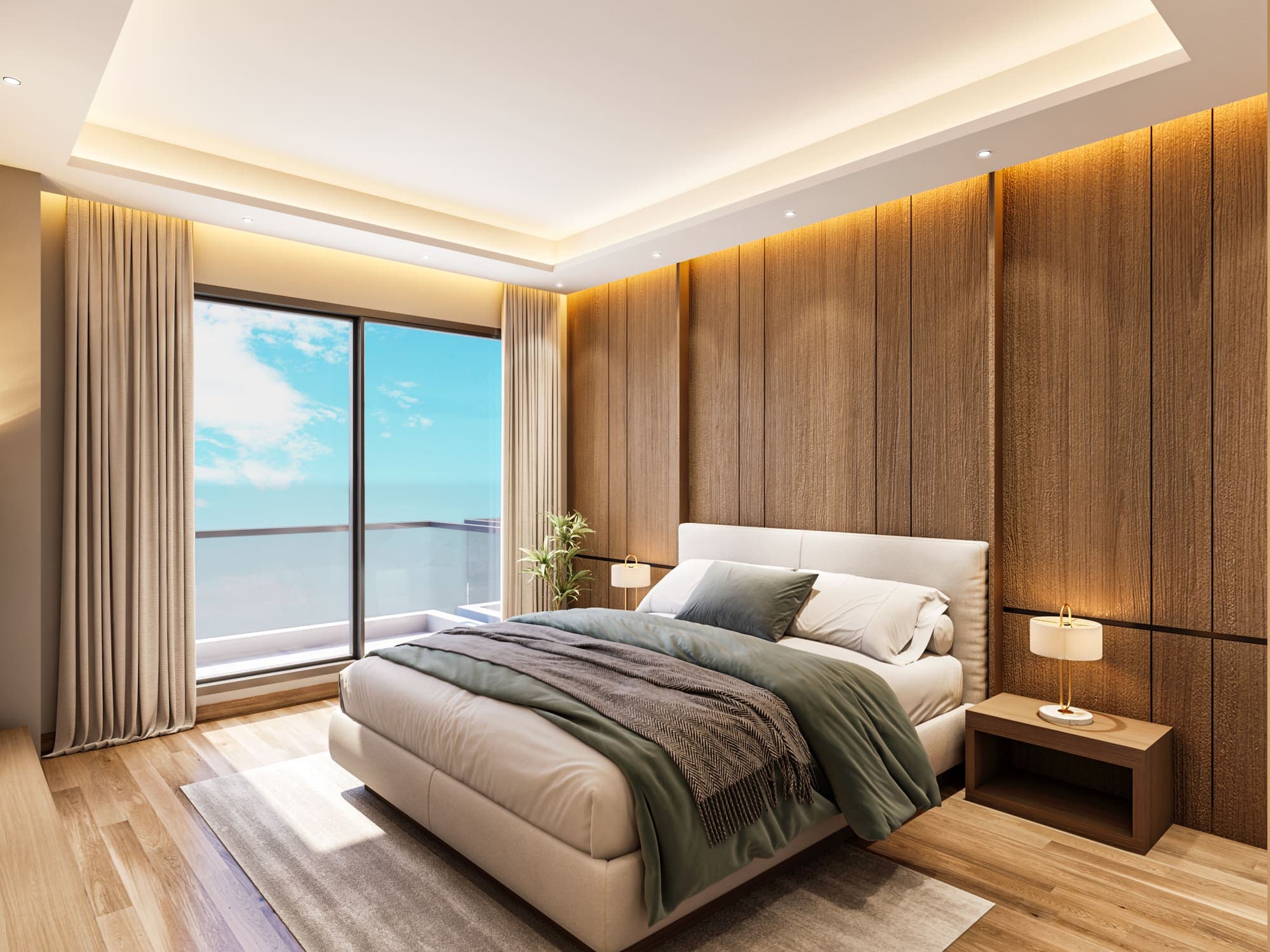 Master bedroom with a timber-panelled wall and a window onto the balcony