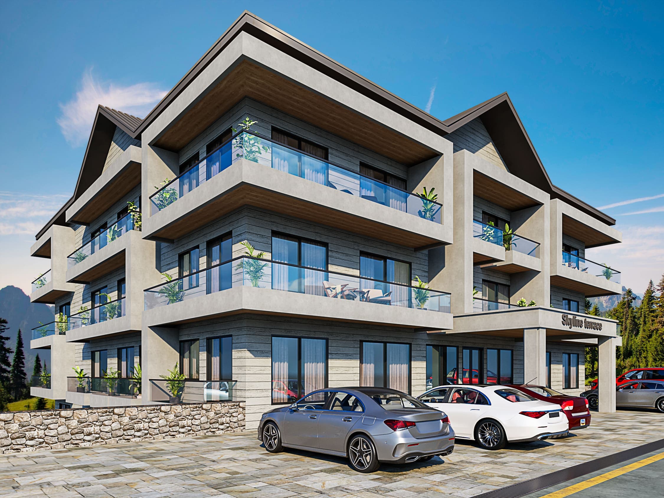 Street-side view of Skyline Terrace: stone base, glass balconies and the entrance