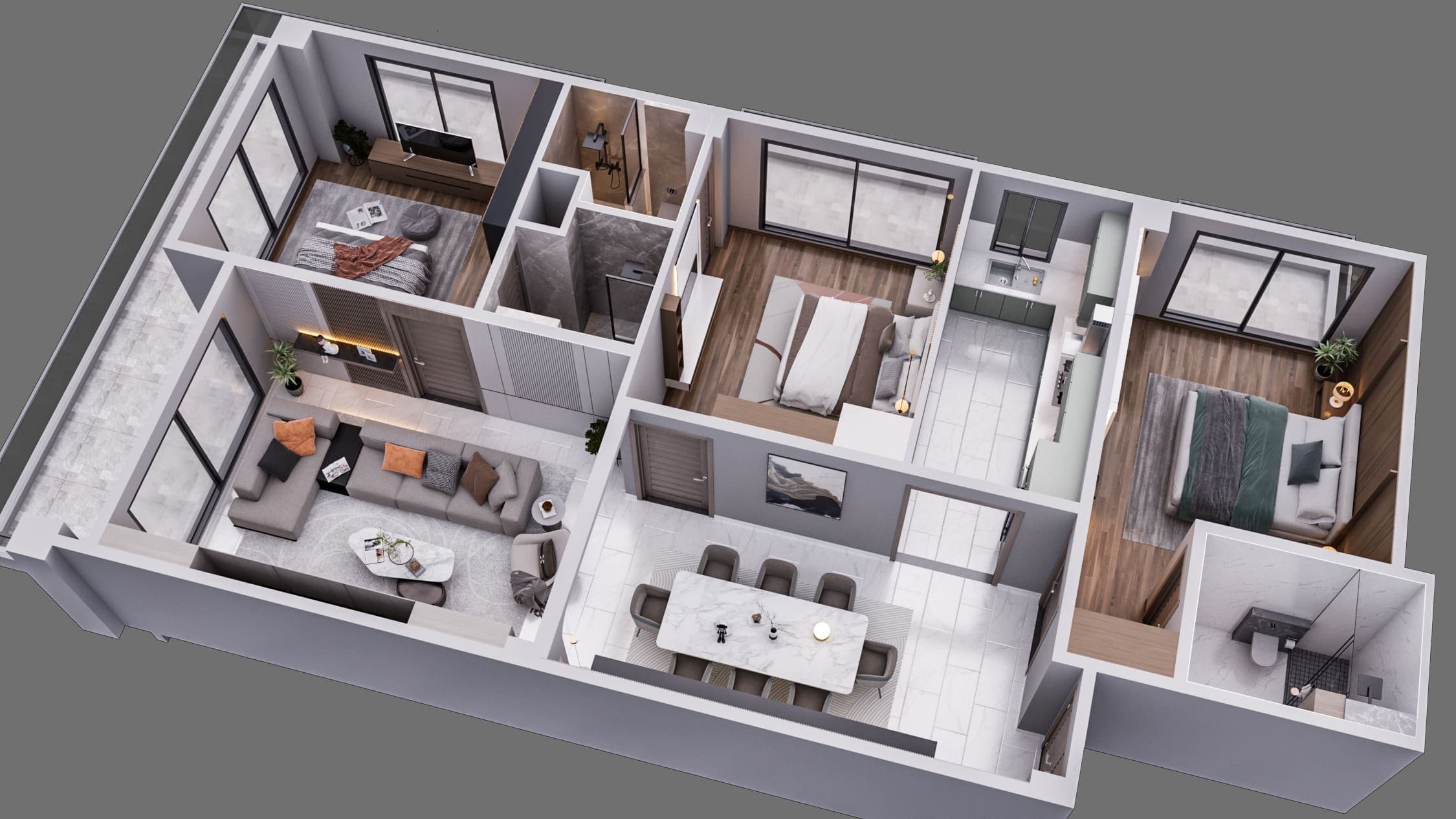 3D floor plan of a second three bedroom layout with a separate dining room