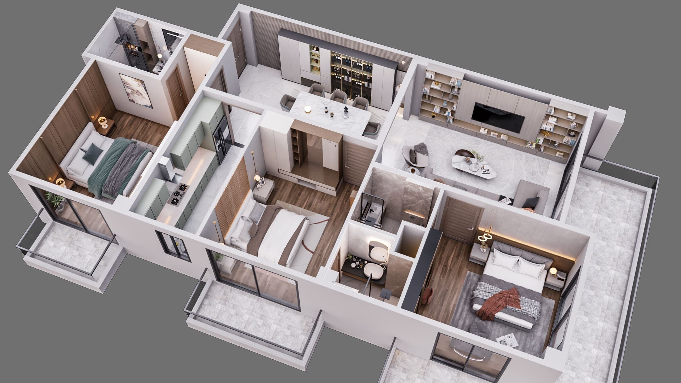 3D floor plan of the three bedroom apartment with living, dining, kitchen and balconies