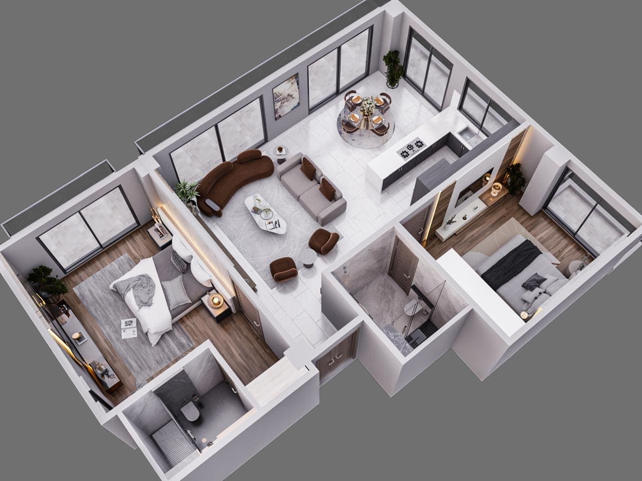 3D floor plan of the two bedroom apartment: open living, dining and kitchen between two bedrooms