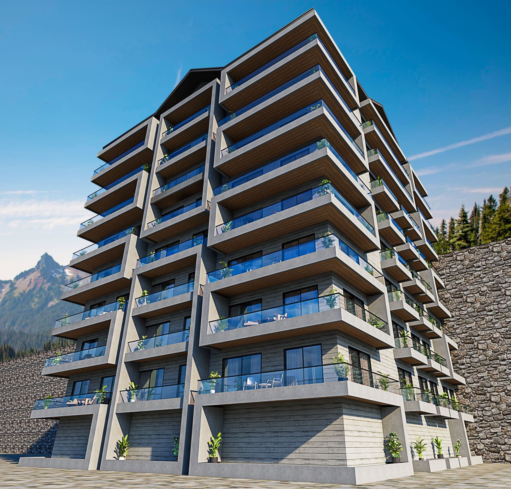 The valley side of Skyline Terrace, balconies stacked above the hillside