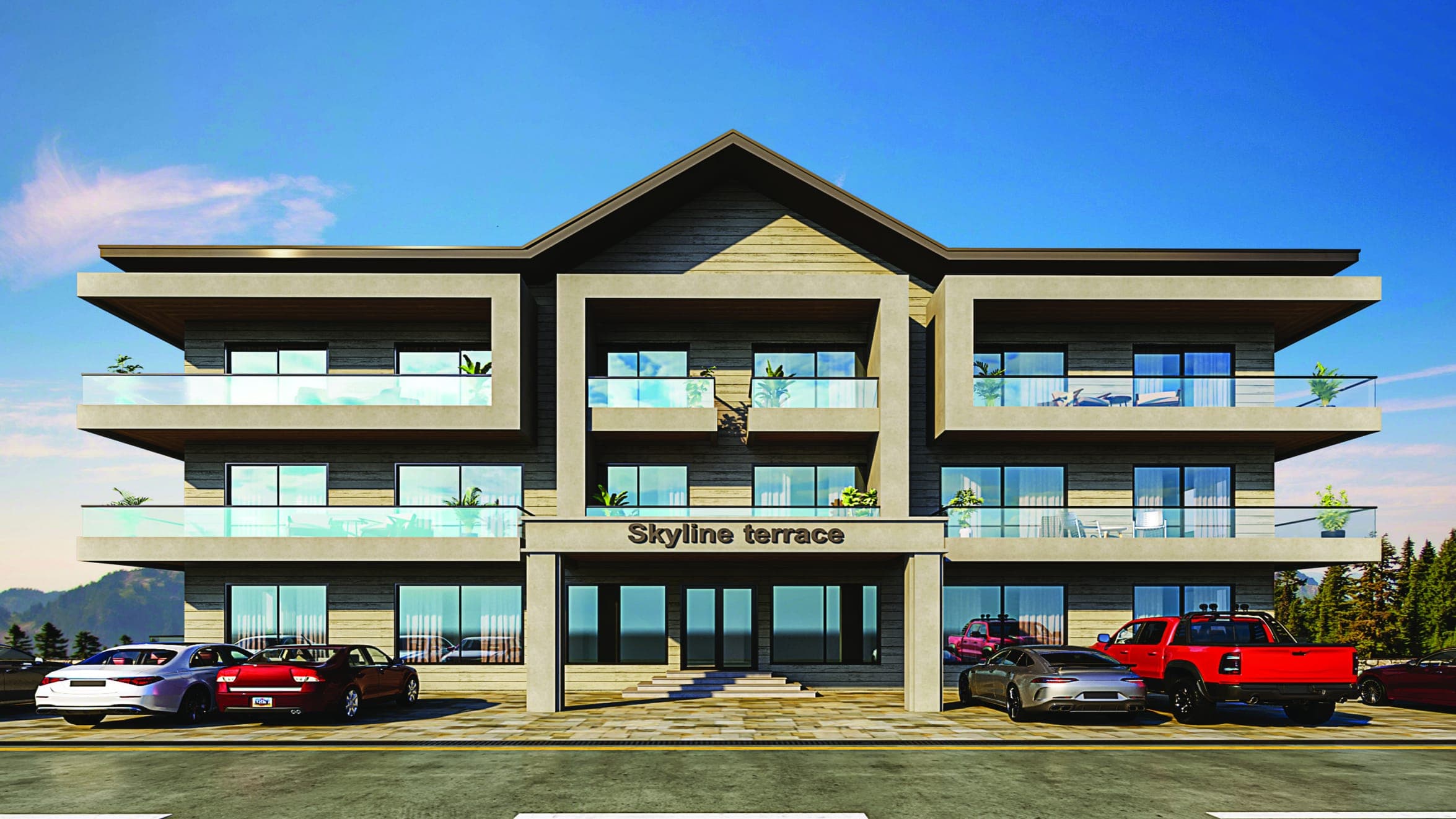 The road side of Skyline Terrace: three storeys above the forecourt, with the entrance porch and its sign