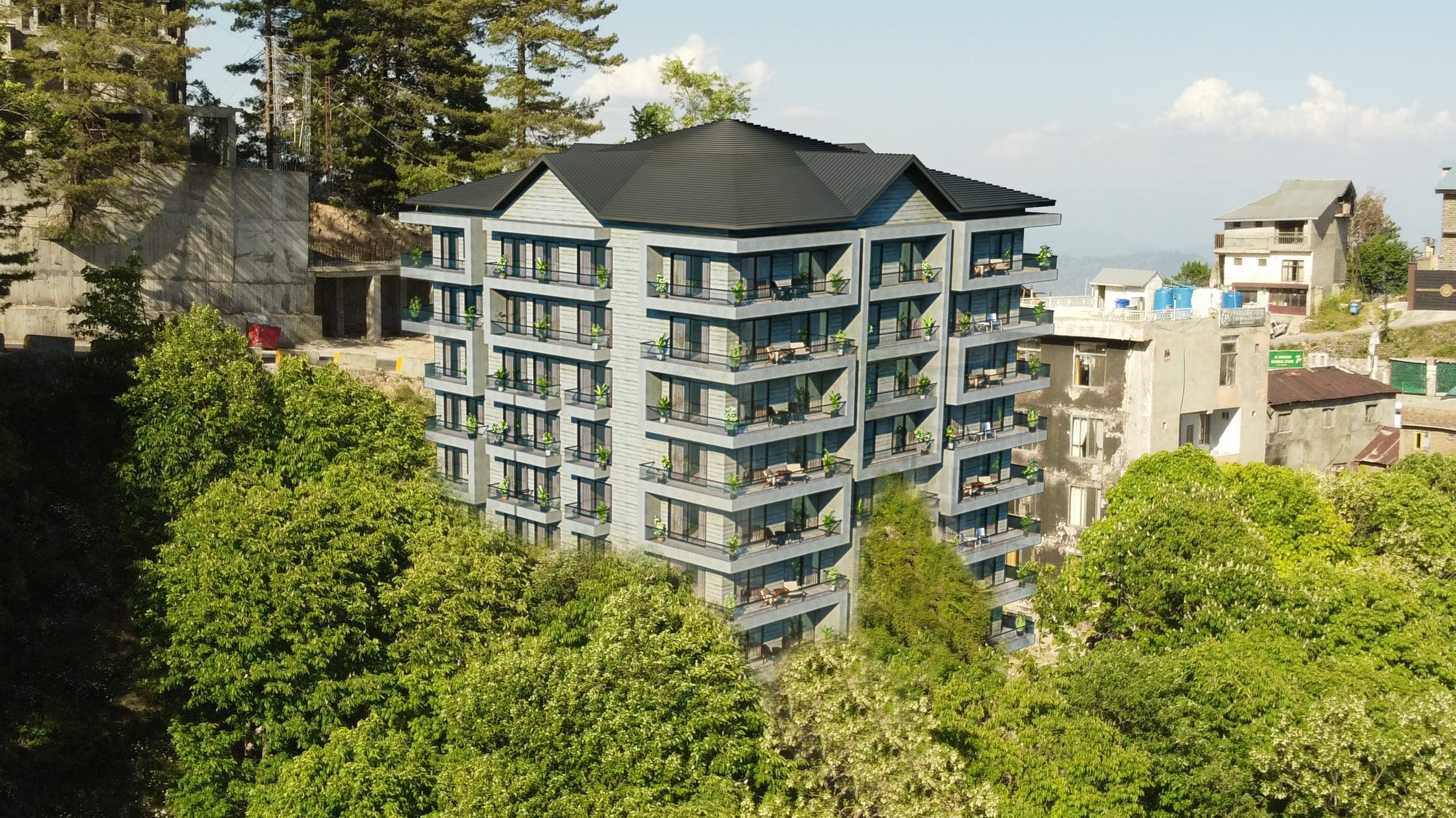Skyline Terrace from the valley side, its framed balconies rising above the pines of Khaira Gali